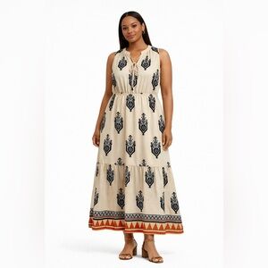 Beige Tribal Print Sleeveless Maxi Dress Tie Neck Tiered Skirt